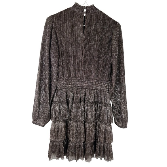 1. State Metallic Smocked Dress Mock Neck Tiered Ruffle Black Gold Women's Small - Picture 3 of 8